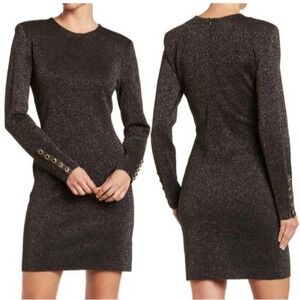VERONICA BEARD Sharon Metallic Shimmer Long Sleeve Sheath Dress Black Gold Large